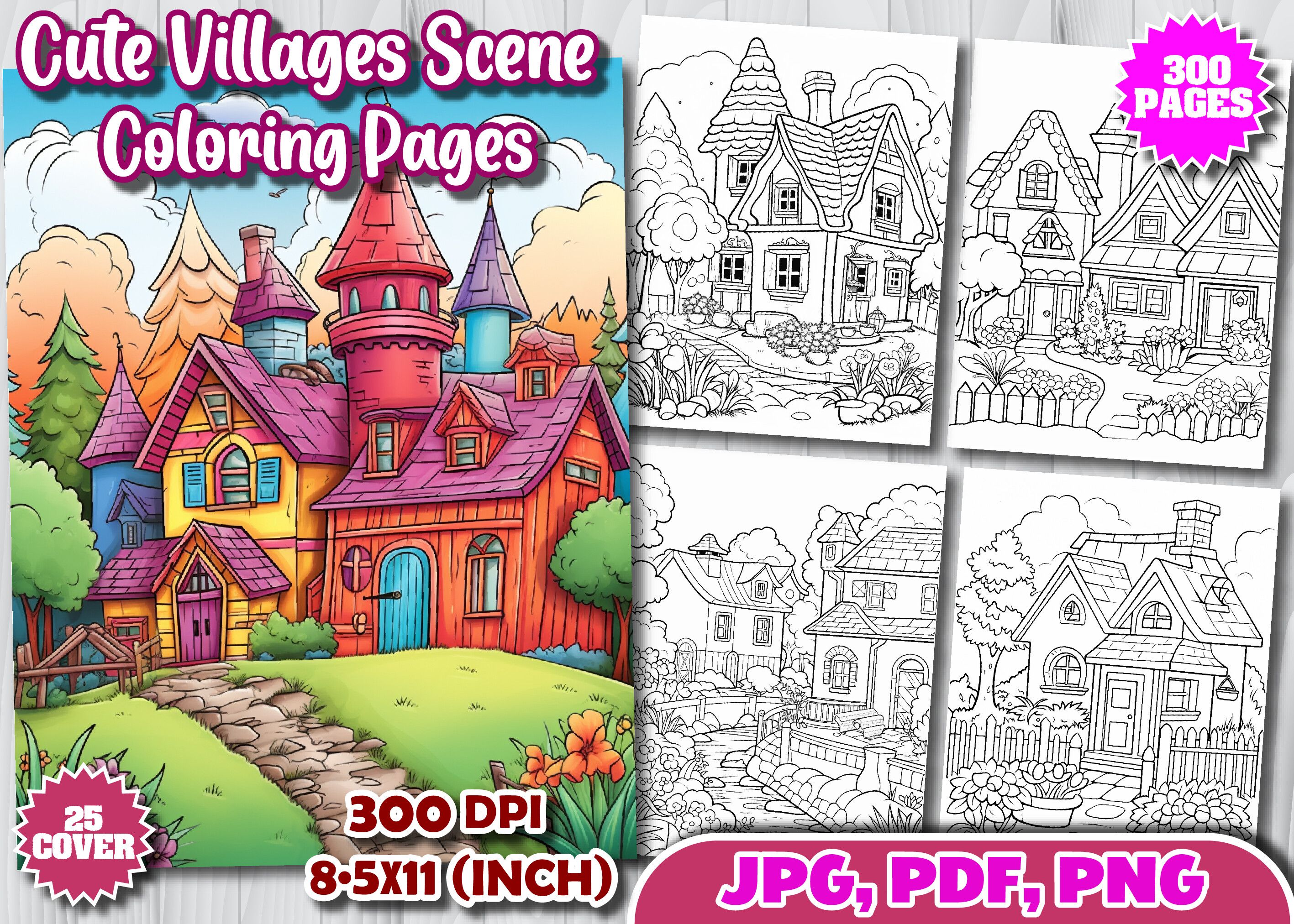 300 Villages Scene Adult Coloring Pages